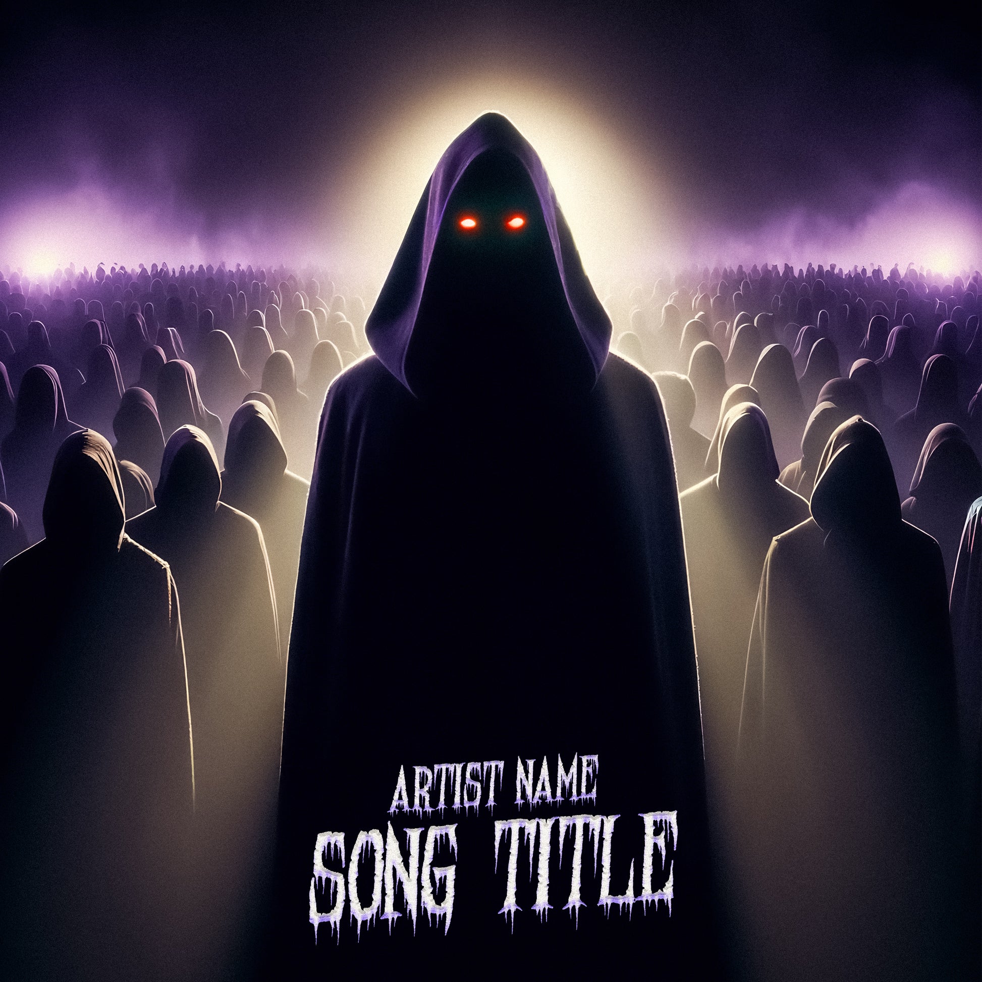 Mysterious figure with glowing red eyes in a crowd – Cover Art Design