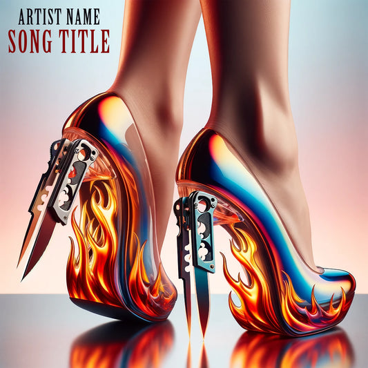 Fusion of elegance and danger with high-heeled shoes featuring integrated switchblade knife blades cover art