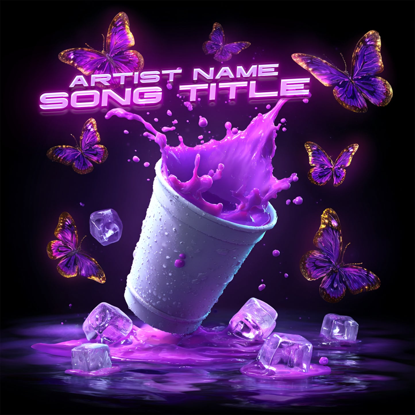 Styrofoam cup spilling purple liquid with glowing butterflies on dark background