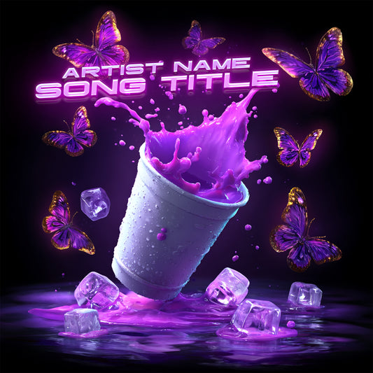 Styrofoam cup spilling purple liquid with glowing butterflies on dark background