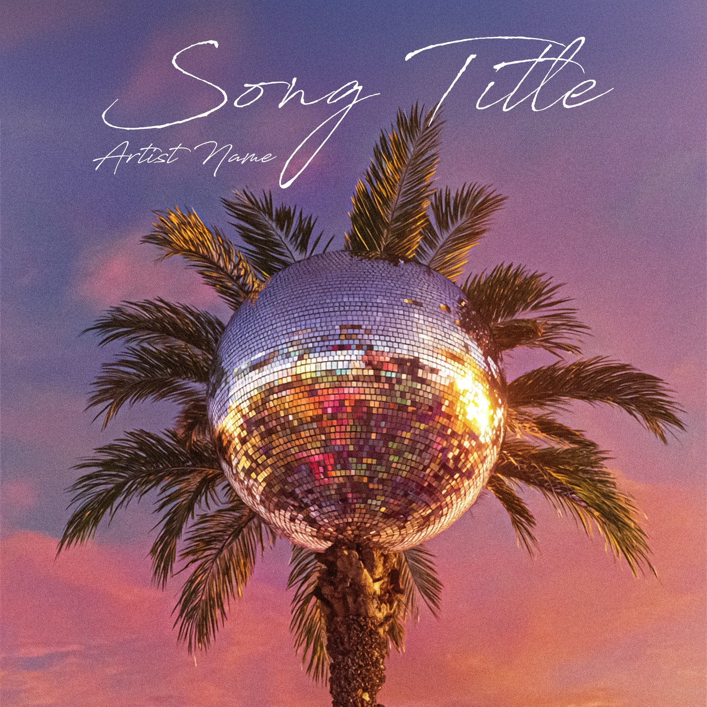 Disco ball palm tree reflecting sunset colors in tropical sky