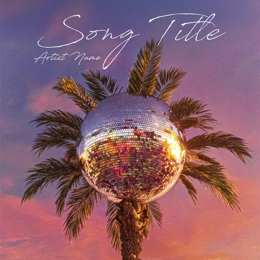 Disco ball palm tree reflecting sunset colors in tropical sky