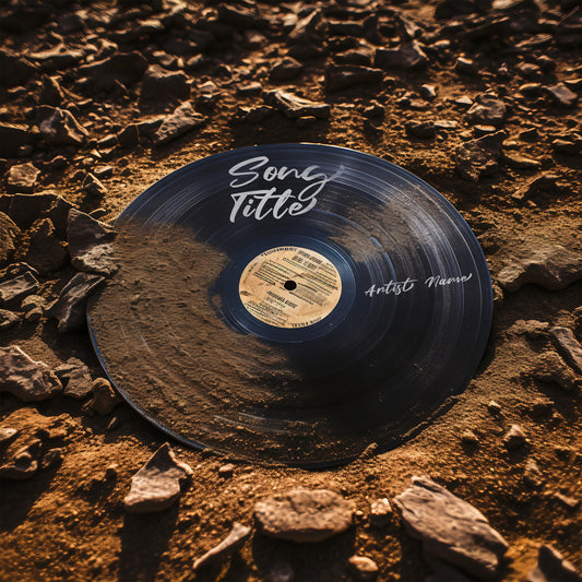 Vintage vinyl record covered in dirt, exploring themes of fame and time in cover art.