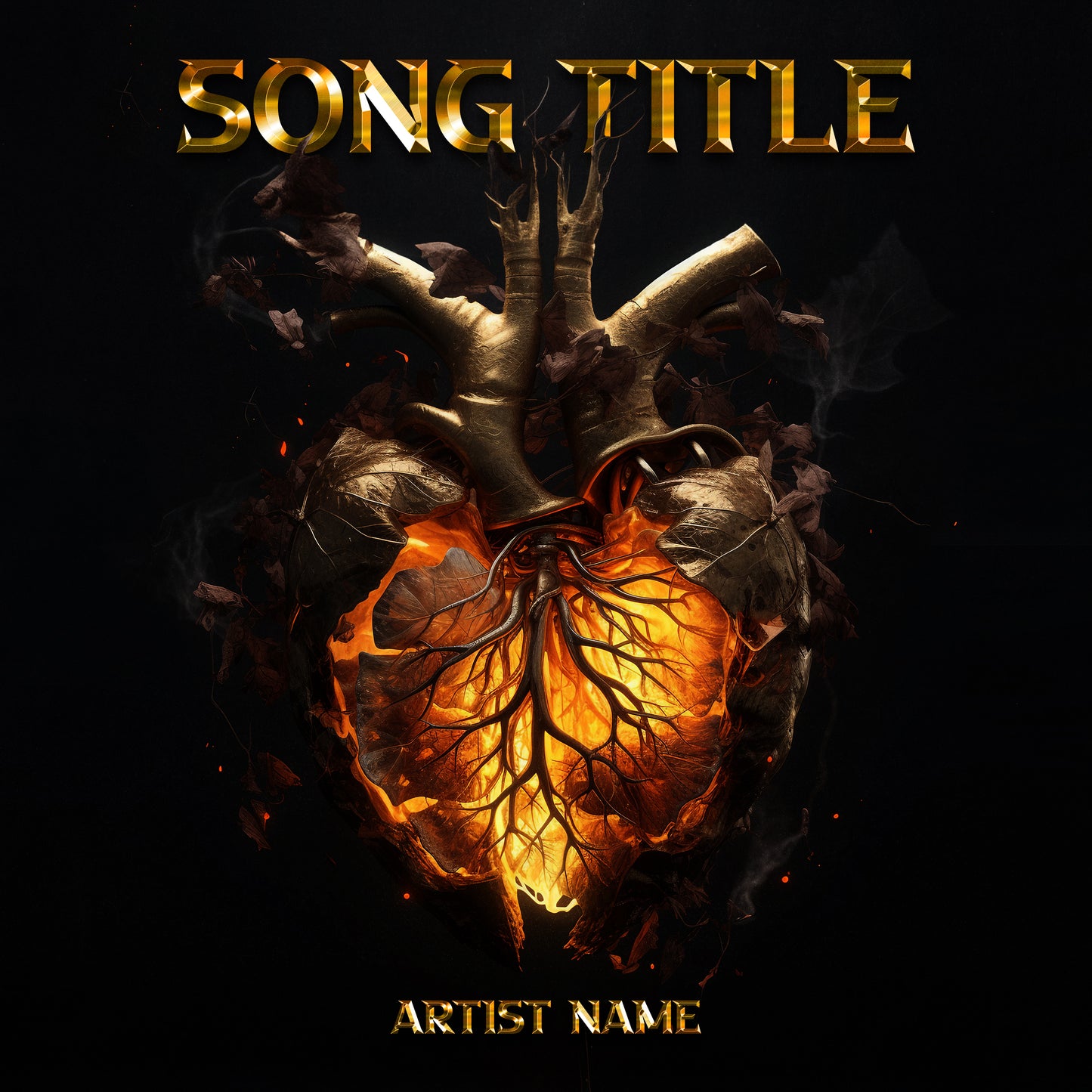 Anatomical heart with a fiery core emerging from tobacco leaves on a dark, cyberpunk-style background cover art, embodying the fusion of organic and technological elements.