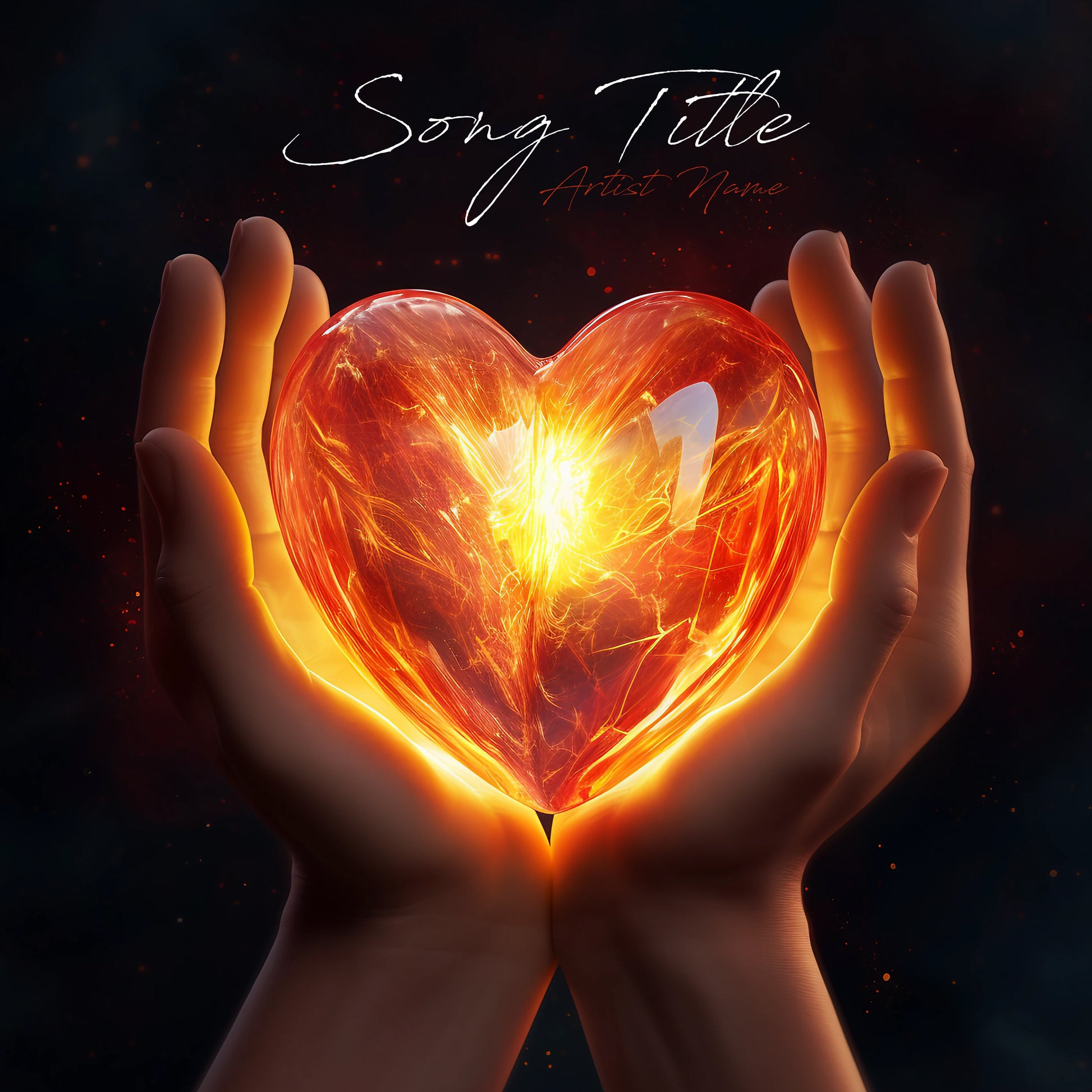 Pair of hands holding a floating glowing fiery heart cover art, embodying a fusion of warmth and passion.