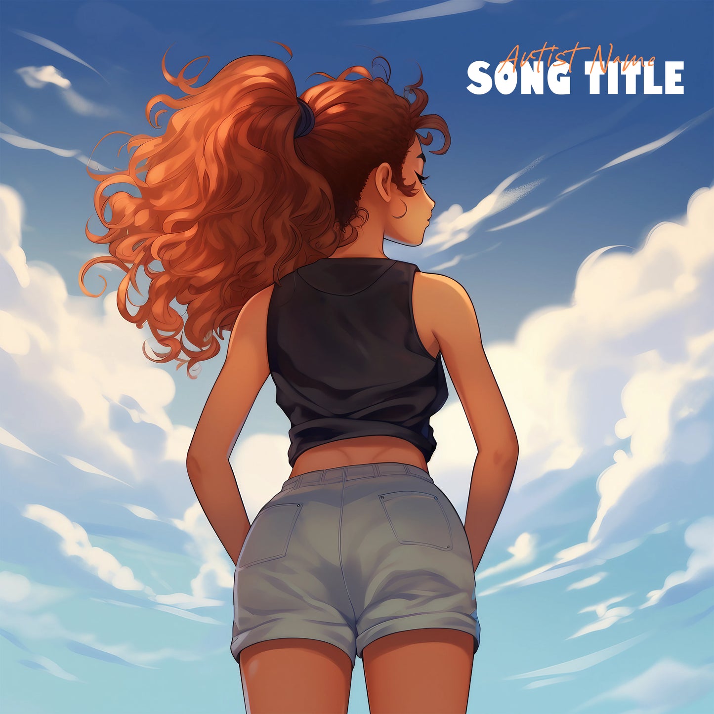  Anime-style girl in orange curly hair under a cloudy blue sky cover art, embodying youthful freedom.