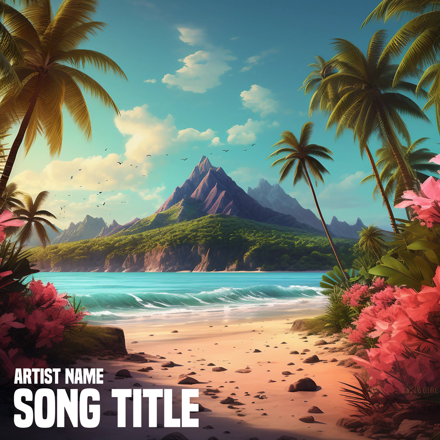  Tranquil beach with palm trees and island cover art, embodying relaxation and escape.