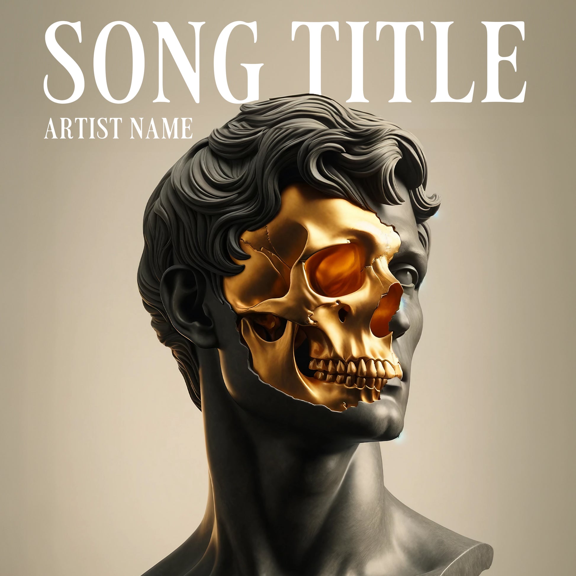 Fusion of classical sculpture and modern surrealism with a golden skull integrated cover art.