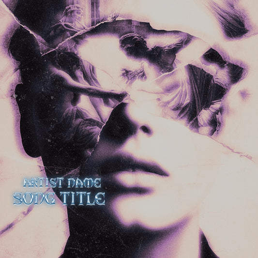 Fragmented face collage with classical statues and purple gothic tones