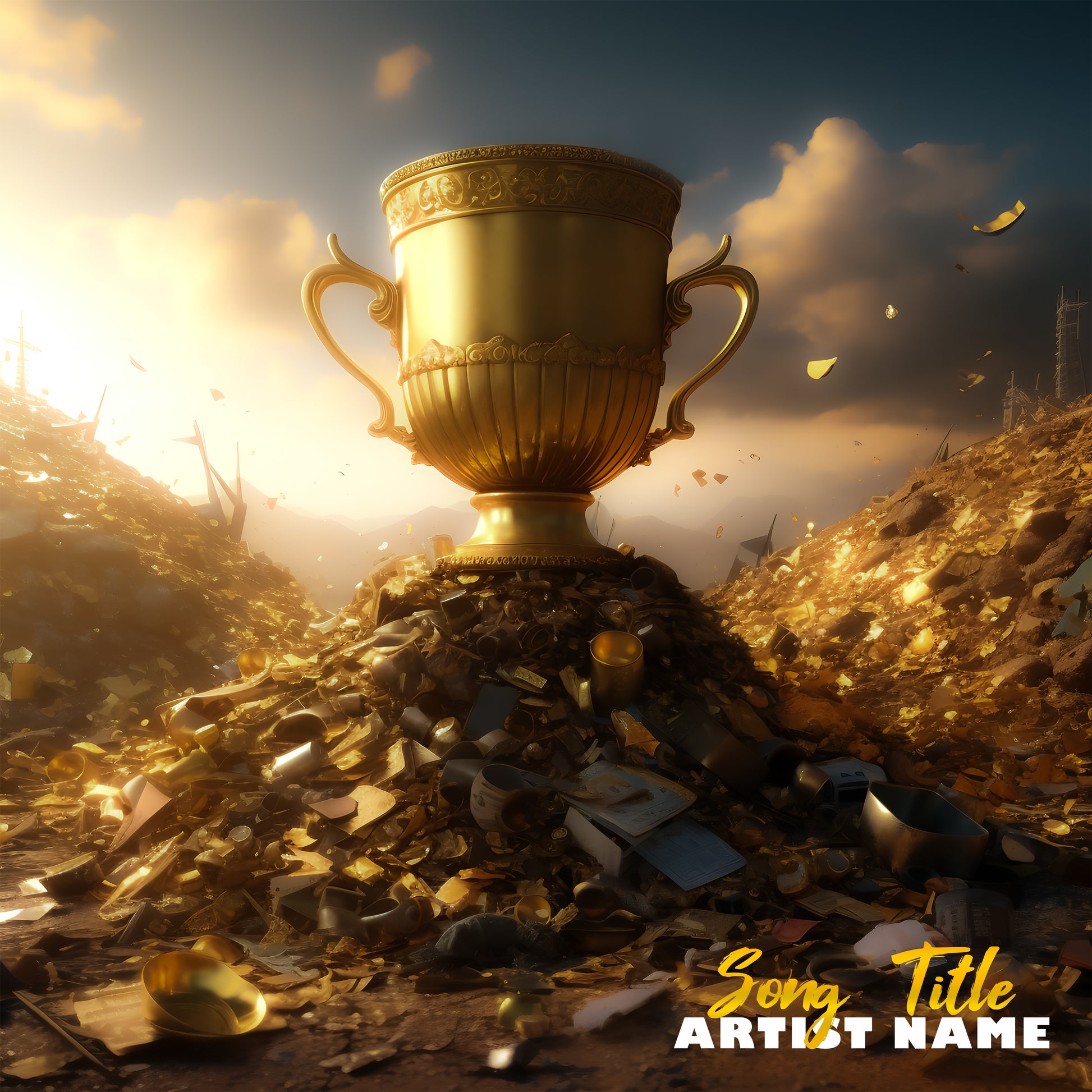 Gold trophy rising from garbage pile in cover art, symbolizing triumph over challenges.