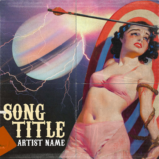 Collage of lightning, a planet, and an attractive woman being targeted with arrows cover art, embodying determination and focus.