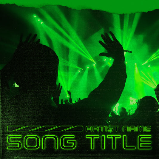  Lively crowd with hands in the air at a rave in toxic green abstract style cover art, embodying rave culture