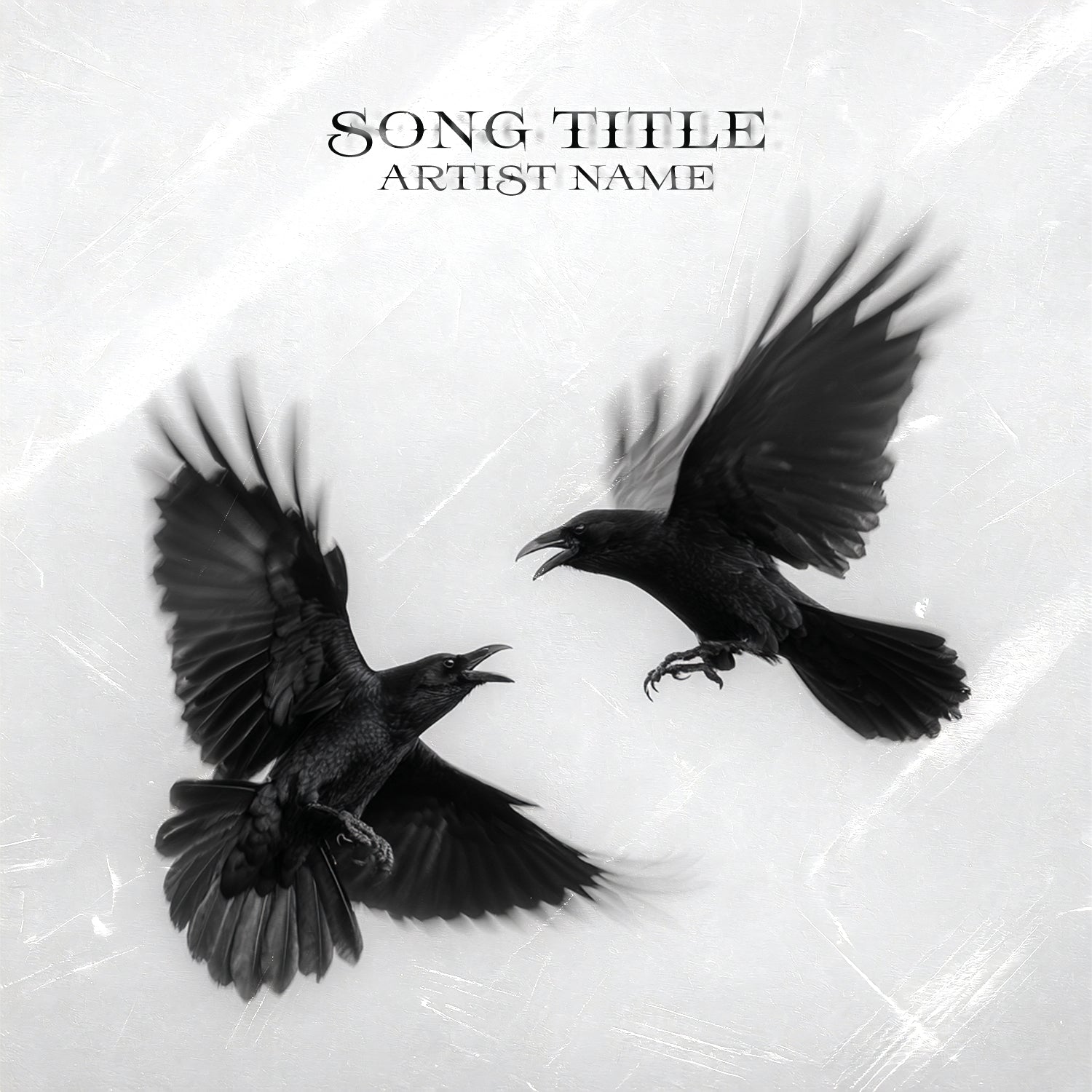 Two black crows fighting mid-air on a pale textured background