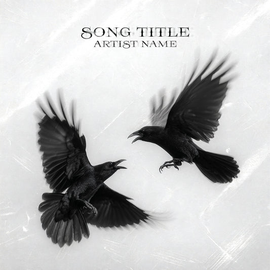 Two black crows fighting mid-air on a pale textured background