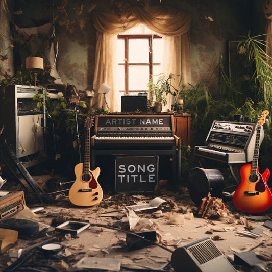 Chaotic room full of musical instruments cover art, epitomizing the spirit of rock music.