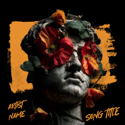 Close-up of a woman’s face partially hidden behind a white noh-style mask with cyan highlights, red shadows, floral background, and subtle film grain, album cover