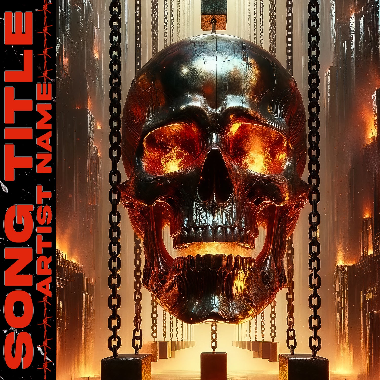 Industrial assembly line with chrome skull – Cover Art Design