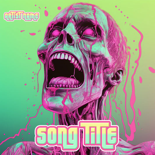 Zombiecore-inspired art in green with splats of pink paint cover art, embodying the essence of chaotic undead aesthetics.