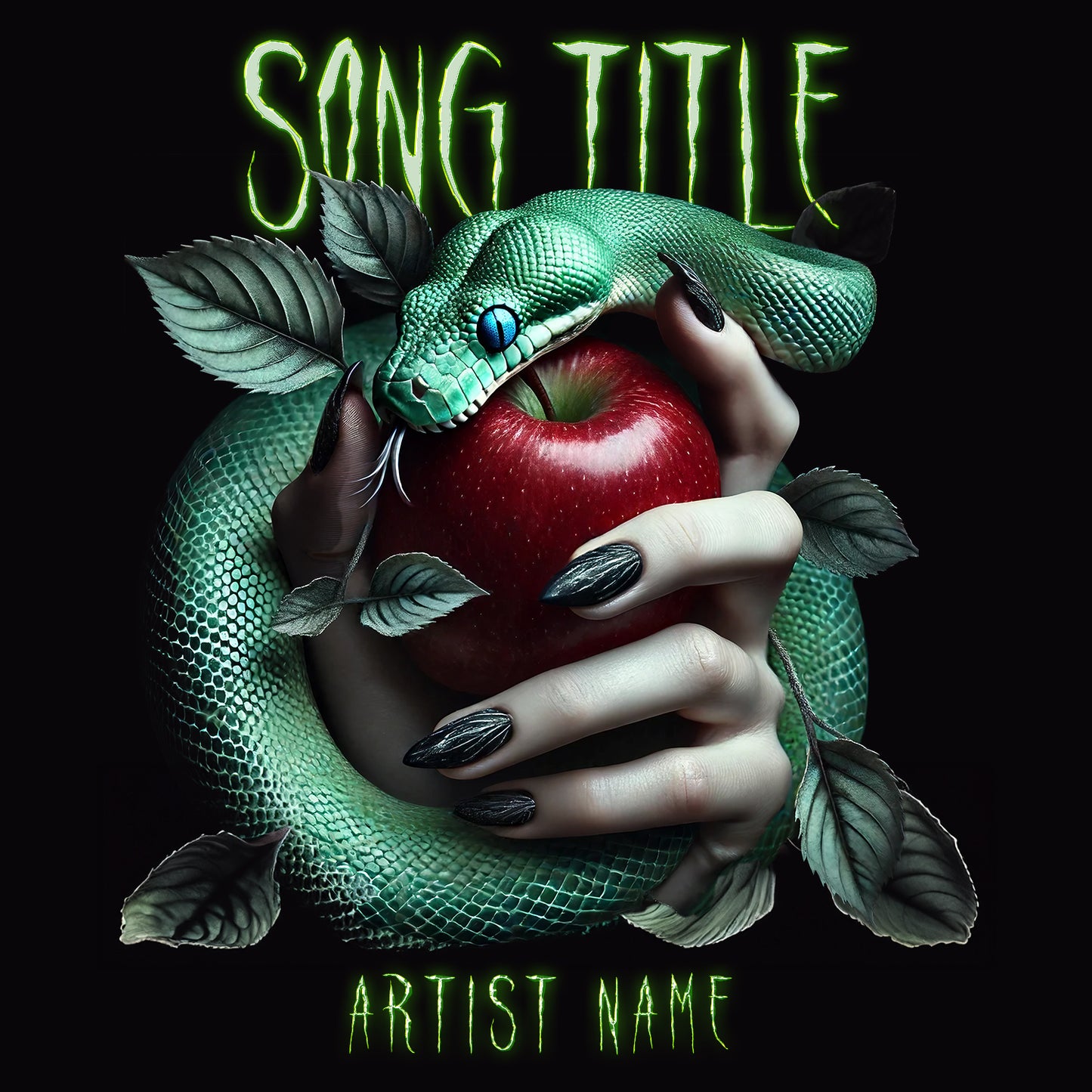 Surreal hand holding red apple with green snake, dark art cover