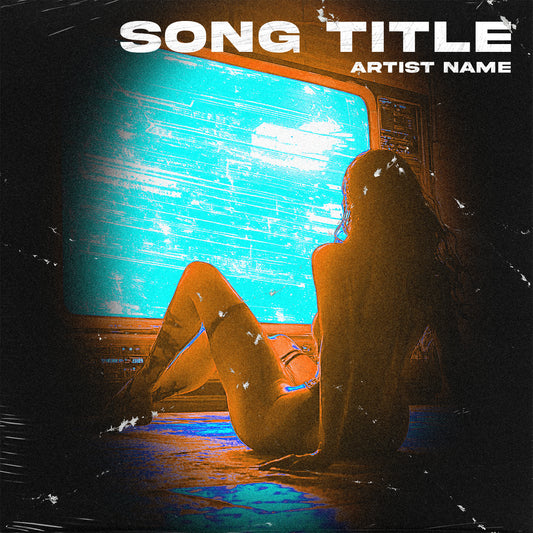 Silhouetted figure sitting on the floor lit by a glitchy blue CRT television with VHS distortion and film grain