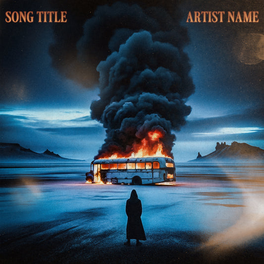 Man in trench coat staring at burning bus in desert – Cover Art Design