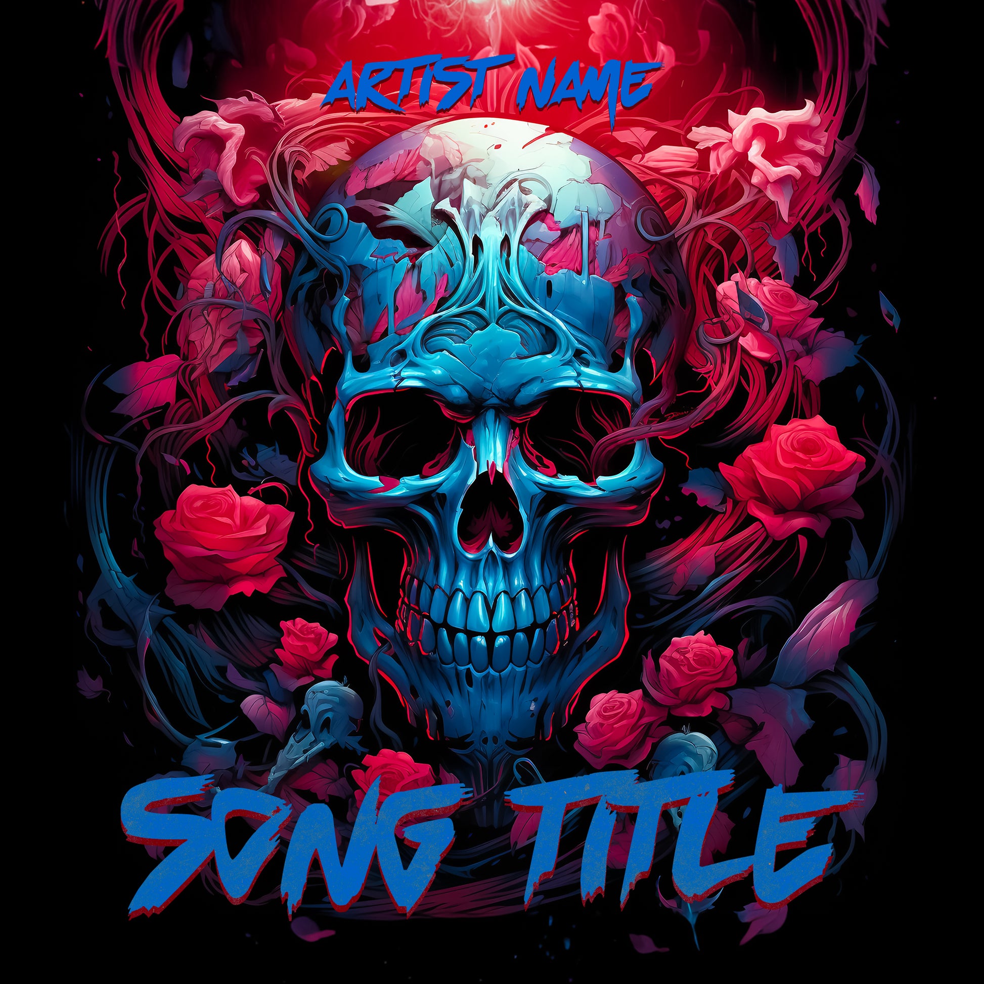  Skull surrounded by pink flowers in the dark digital art for music.