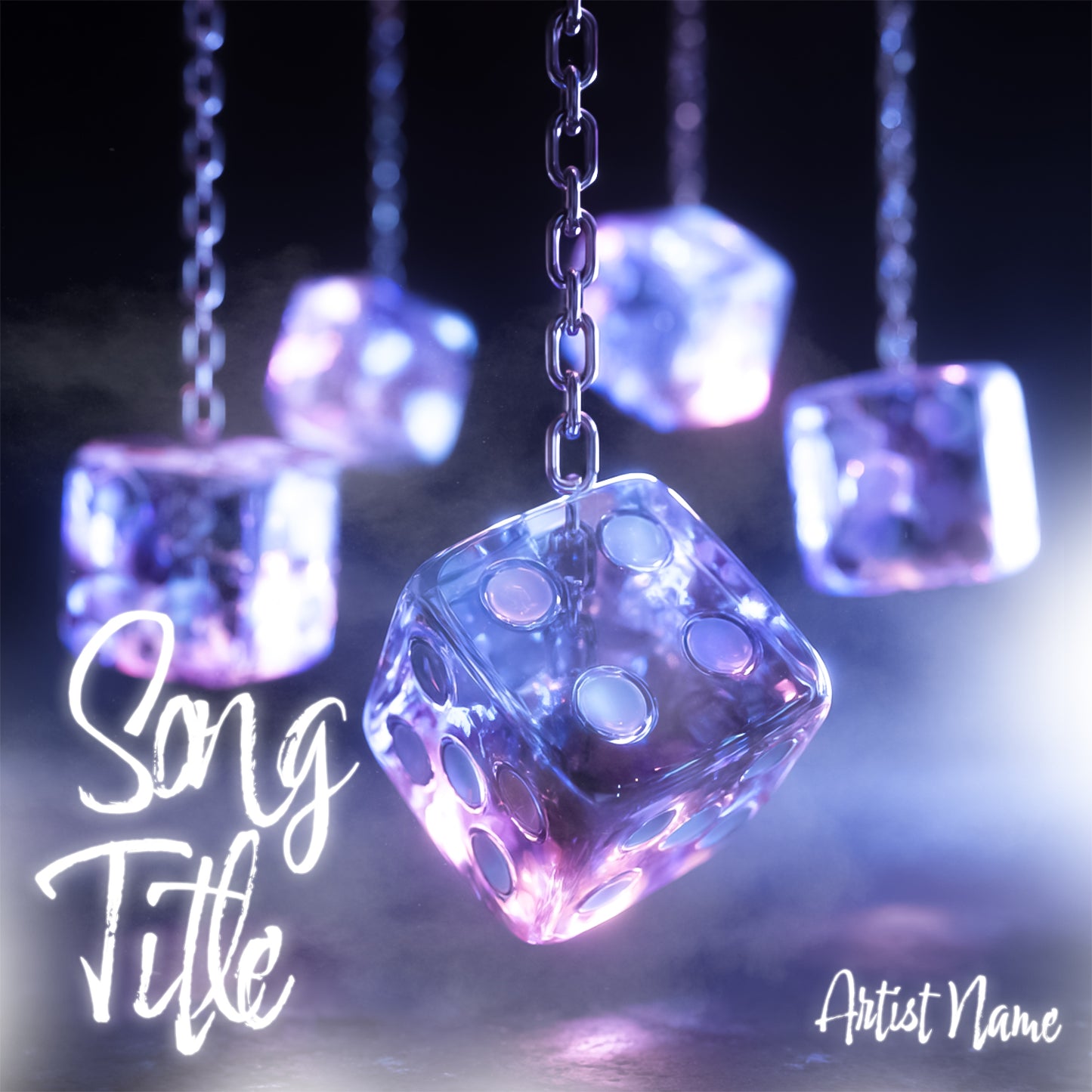 Transparent dice with glowing purple and blue lights hanging from chains on a dark background.