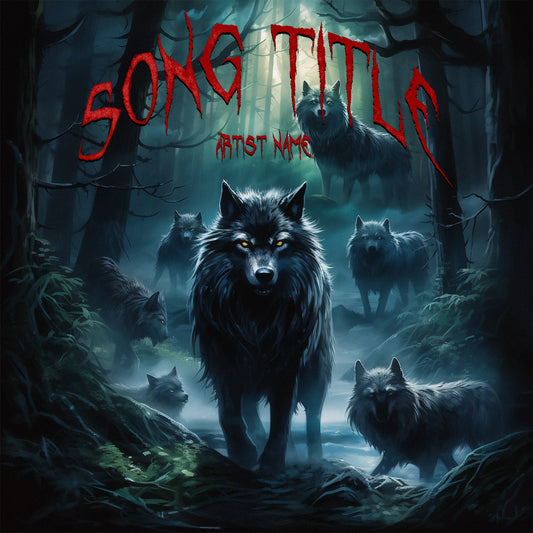 Wolf pack in the dark foggy forest, cover art for a song