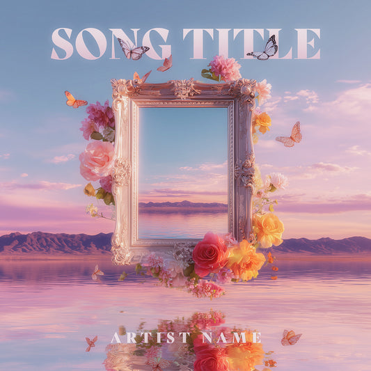 Album cover with a decorative frame, flowers, and butterflies against a scenic background.
