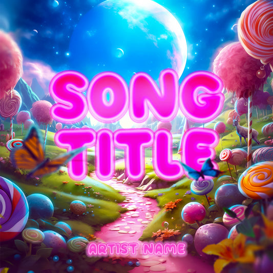 Pink bubbly letters in fantasy background music cover art