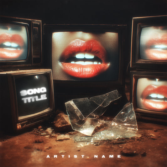 Vintage TVs displaying lips and a broken mirror on a dark background